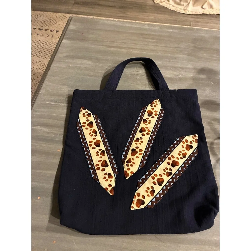 Handmade Navy Blue Canvas Puppy Dog Tote Bag Paw Print Applique Lined Book Bag